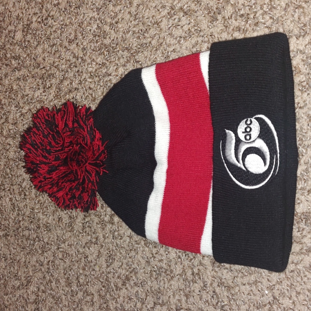 abc News at 5 Logo Striped Cuffed Embroidered Beanie Pom Pom